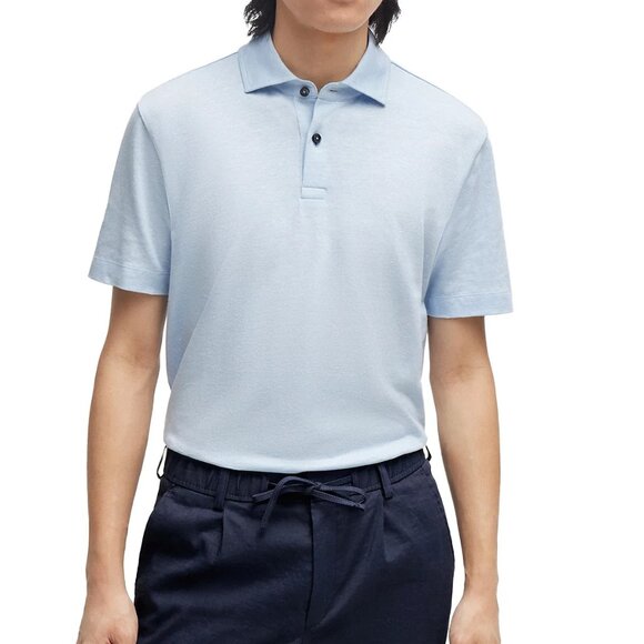 Hugo Boss Men's BOSS Press SS Polo Shirt Linen Blend Solid Pastel Blue 2XL - Picture 1 of 5